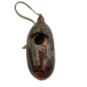 Lucuma Peru Hand Carved Owls Leaves Natural Gourd Bird House